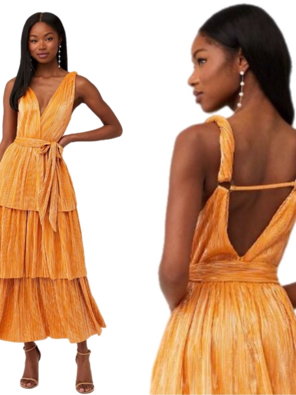 Sabina Musayev Alma Midi Dress in Mandarin Orange Pleated Tiered Small